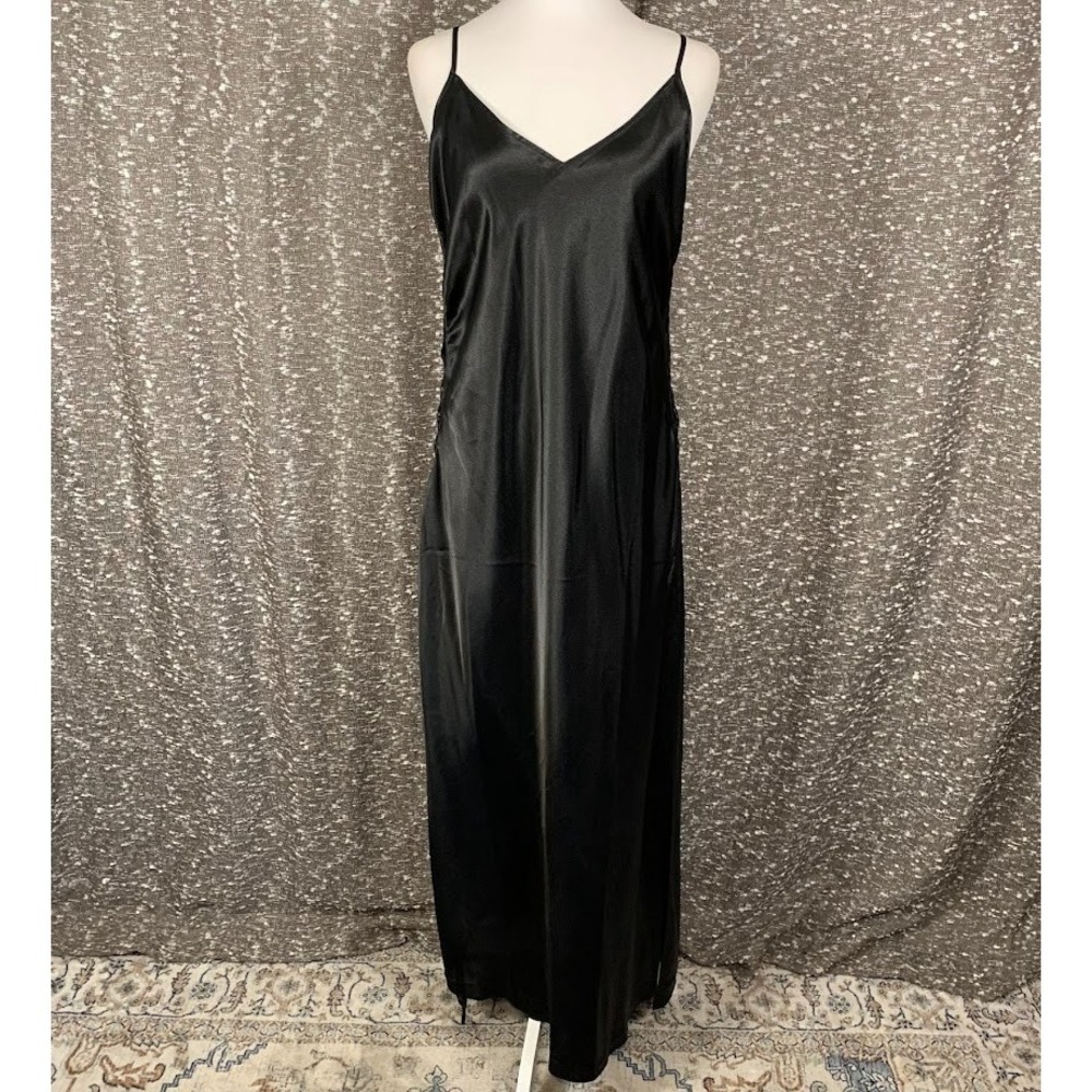Victoria's Secret Black Maxi Satin Slip Dress Lace Up Sides Whimsigoth Womens XL